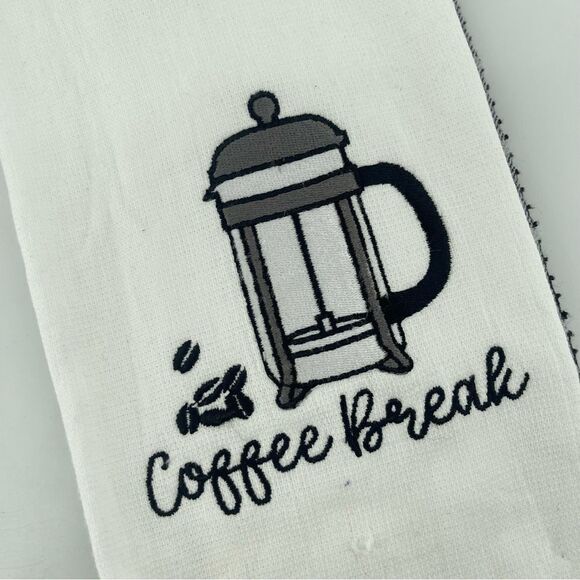 COFFEE BREAK Embroidered Cotton Black White Kitchen Towels, Set of 2, 16” x 28” - Picture 3 of 9